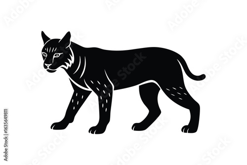 Black silhouette art illustration of a bobcat walking forward.eps