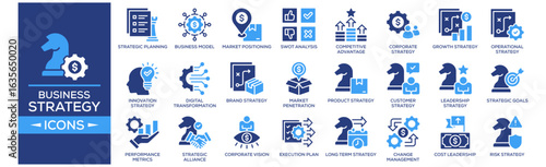 Business Strategy icon collection set. Containing design Strategic Planning, Business Model, Market Positioning, Competitive Advantage, Growth Strategy. Solid icon collection.