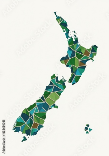 Abstract geometric map of New Zealand with earth tone color scheme