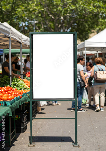 A blank vertical sign mockup on a green stand at a busy outdoor farmers market with shoppers.
