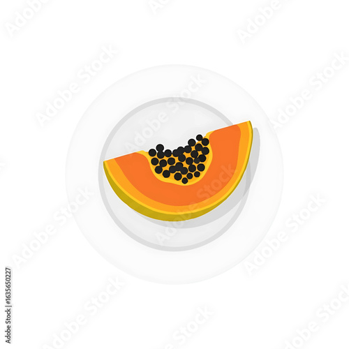 A vibrant slice of ripe papaya with its black seeds displayed on a clean white plate, presented from a top-down perspective.