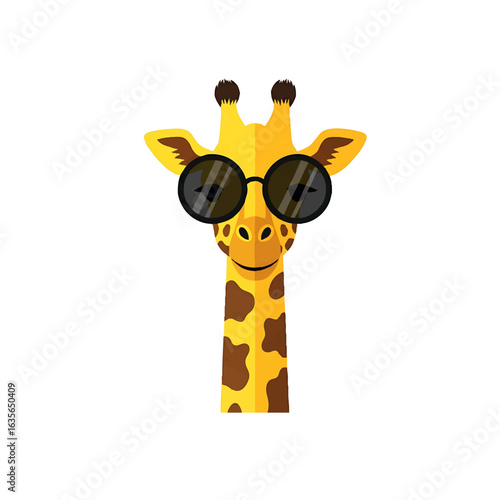 A cheerful, stylized illustration of a giraffe's head wearing cool, round sunglasses, with a friendly expression and its distinctive spotted pattern.