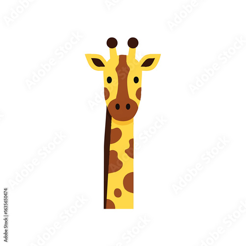 Cartoon illustration of a giraffe's head and neck, featuring a simple, flat design with brown spots on a yellow background.