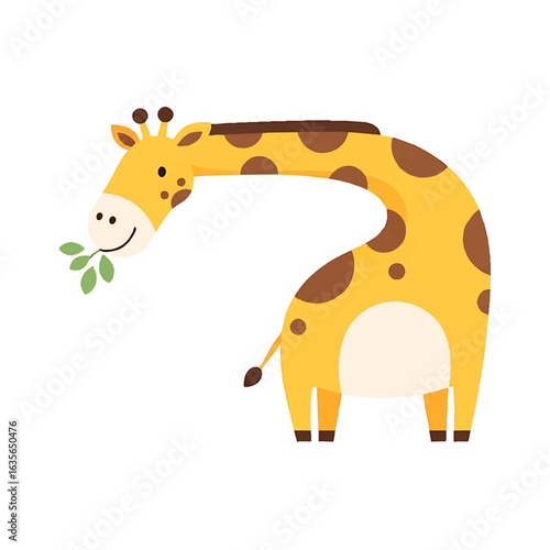 A charming cartoon illustration of a friendly giraffe with a long, curved neck, happily munching on green leaves.