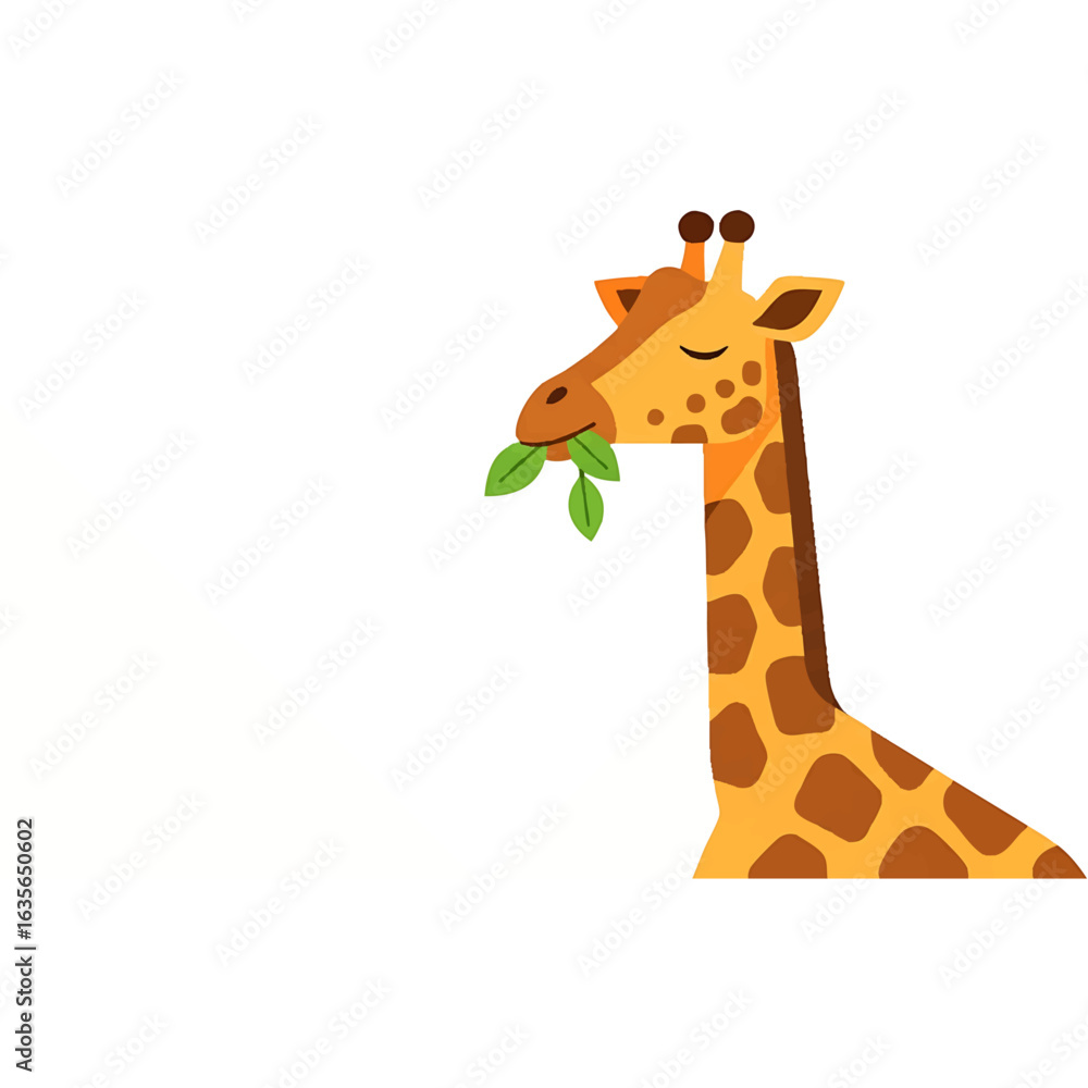 Naklejka premium A charming cartoon giraffe with brown spots peacefully eats fresh green leaves, depicted with closed eyes.