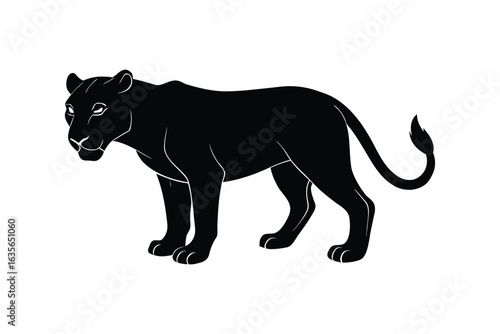 Black silhouette art illustration of a lioness crouched and stalking prey.eps