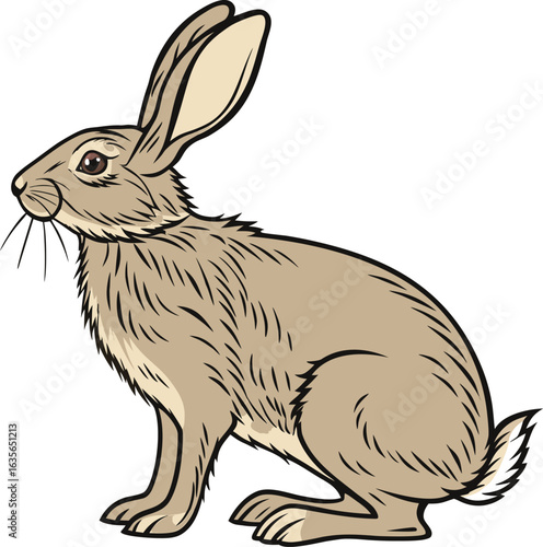 A detailed, hand-drawn illustration of a wild hare with brown fur and prominent ears, depicted in a profile view on a plain white background.