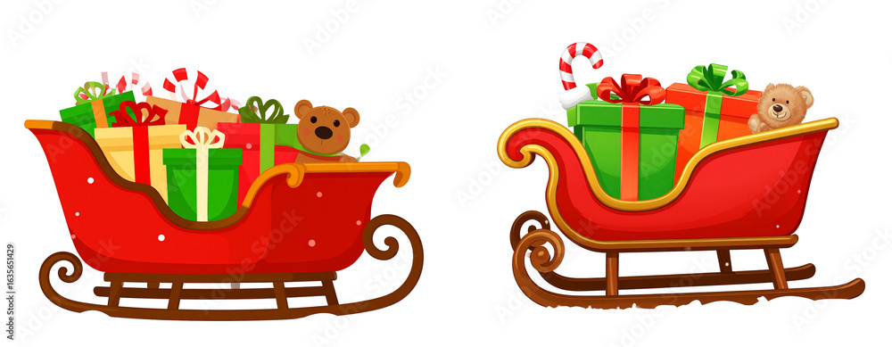 Naklejka premium Set Of Whimsical Cartoon Sleigh with Colorful Presents and Candy Canes, Isolated