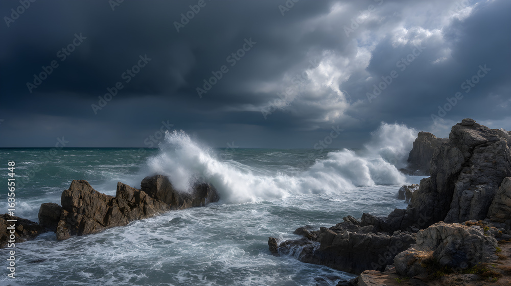 Obraz premium Dramatic Coastal Waves Crashing on Rocks