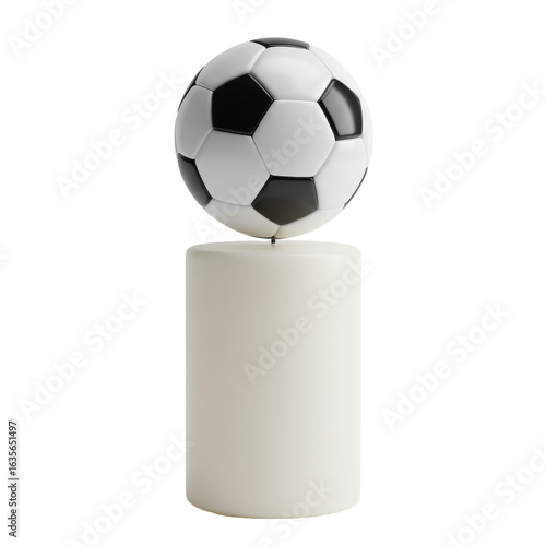A transparent pillar candle with a black and white soccer ball balanced precariously on top, isolated in a stark white studio with bright diffused light, no shadows, and sharp focus throughout,