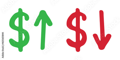 Hand drawn dollar currency symbol Growth and fall profit with arrow up and down Brush stroke doodle Element for design