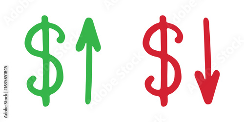 Hand drawn dollar currency symbol Growth and fall profit with arrow up and down Brush stroke doodle Element for design