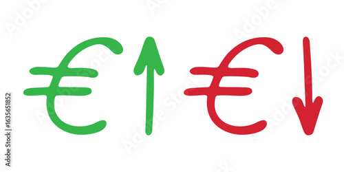 Hand drawn euro currency symbol Growth and fall profit with arrow up and down Brush stroke doodle Element for design