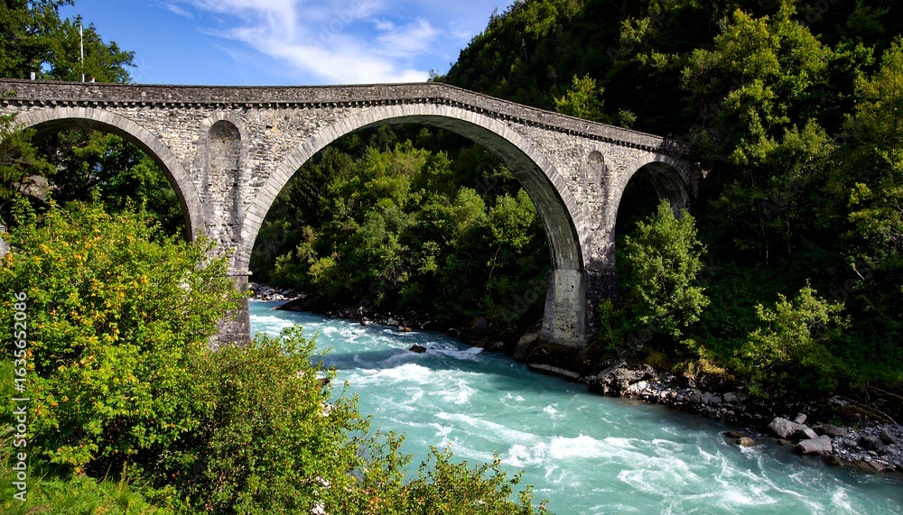 Fototapeta premium Mountain river stone arch bridge