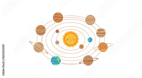 Adorable cartoon solar system with smiling planets and sun, perfect for educational fun