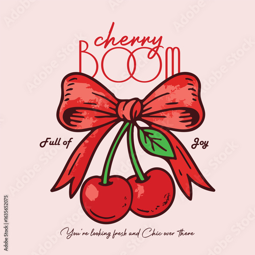 Cherry Boom t-shirt Graphics. summer food print graphic. girlis tee prints. bow with cherry artwork.