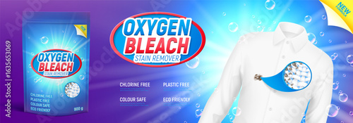 Oxygen bleach cleanser ad banner. Vector illustratio of oxygen bleach cleanser and stain remover product. Realistic banner with white shirt with spot and pouch with zipper with cleansing powder.