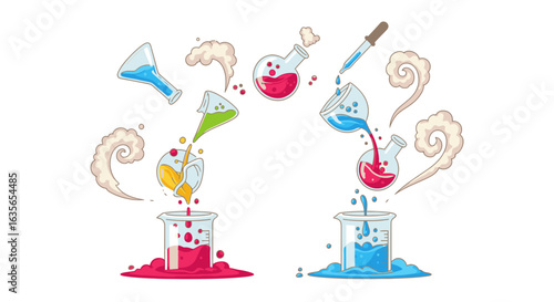 Dynamic chemical reactions unfold with vibrant liquids and bubbling flasks, creating colorful science experiments.