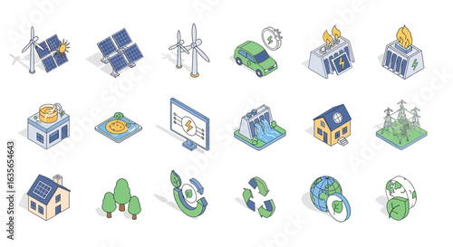 Vector Icons Set of Isometric icon set illustrating green energy power generation and environmental concepts. Vector Illustrations. EPS Editable
