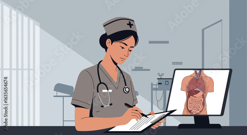 Focused Nurse Analyzing Human Anatomy On A Monitor In Clinic