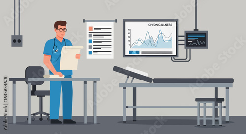 Physician Inspecting Medical Chart In Examination Room Diagnosing Chronic Illness