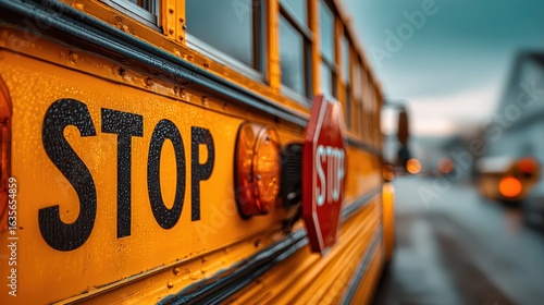 A close-up of a yellow school bus featuring a prominent 