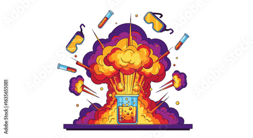 Dynamic science experiment explosion with test tubes and goggles captures innovation and discovery