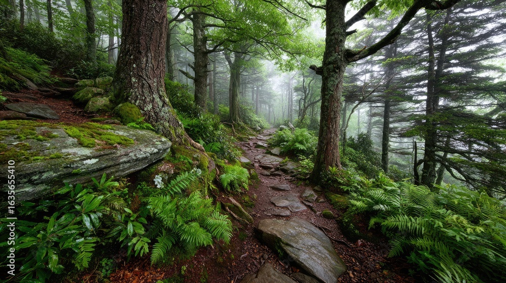 Obraz premium Misty mountain path, lush forest