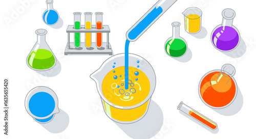 Vibrant science lab with colorful liquids in beakers and test tubes creating chemical reactions