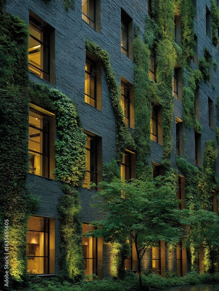 Fototapeta premium Dark stone building with lush greenery