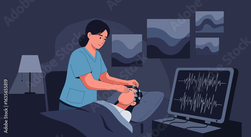 EEG Exam Patient Undergoing A Sleep Study With Nurse Assistance
