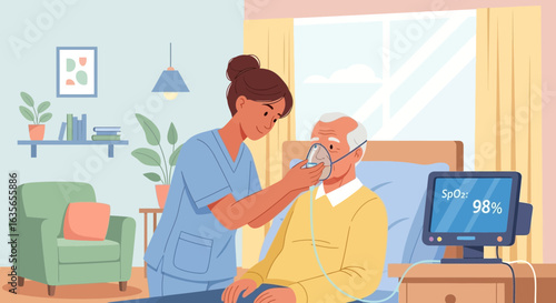 Nurse Assists Senior Patient with Oxygen Mask in Comfortable Home Setting