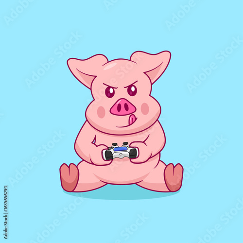 Cute Gaming Pig Illustration-Isolated vector perfect for kids illustration, Gaming mascot, Technology Logo, Gaming logo, Gaming industry