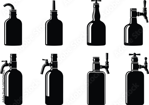 Bottle silhouette, tap design, spout variation, dispenser types, container shapes, liquid bottle, packaging concept, vector graphic, product mockup, industrial style