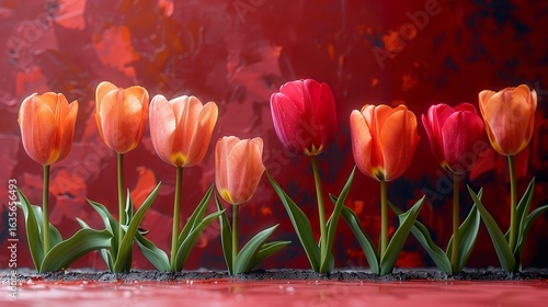Elegant Row of Vibrant Orange and Red Tulips Against Deep Red Background for Bold Floral Display and Spring Celebration Themes

