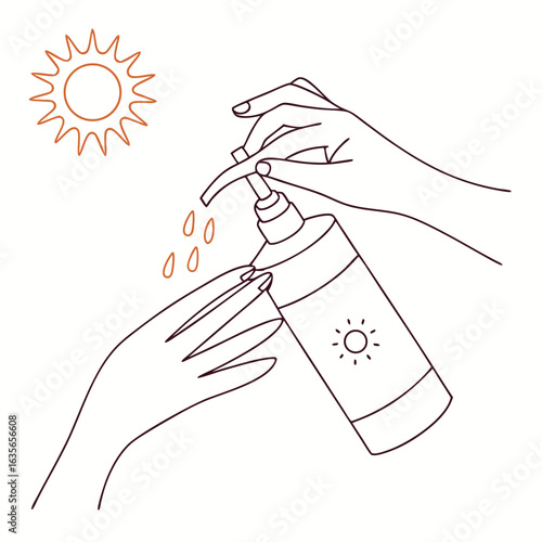 Applying sunscreen to skin with hands and a pump bottle under a stylized sun for protection