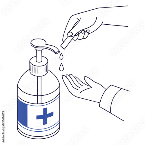 Close up of a hand dispensing liquid hand sanitizer from a pump bottle into an open palm