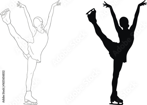 Figure skater illustration, high leg lift pose, ice skating elegance, silhouette and line art, athletic movement, graceful posture, winter sport, performance