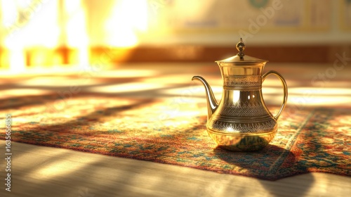 Golden teapot on patterned carpet