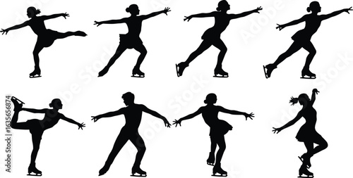 Figure skating silhouette, ice skater pose, spin jump stance, graceful movement, athletic elegance, winter sport, skating technique, frozen motion, balance, style