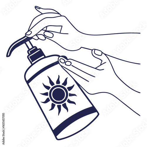 Minimalist line art of hands holding a sun protection lotion bottle with a sun symbol on a black background
