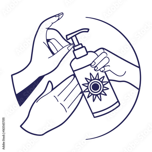 Multiple hands reaching for and holding a sunscreen bottle with a sun symbol symbolizing protection and care