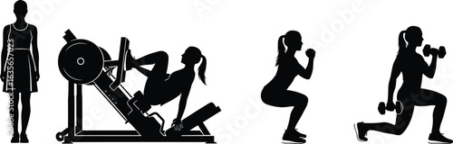 Fitness silhouette, squat pose, lunge workout, leg press exercise, dumbbell training, gym routine, strength movement, body posture, active lifestyle, health