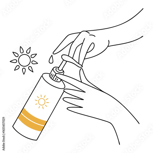 Hands applying sunscreen from a bottle with a sun icon and droplets falling representing sun protection