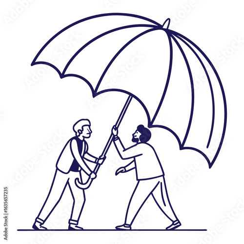 Two men holding an umbrella together symbolizing teamwork mutual support and shared protection from danger or hardship