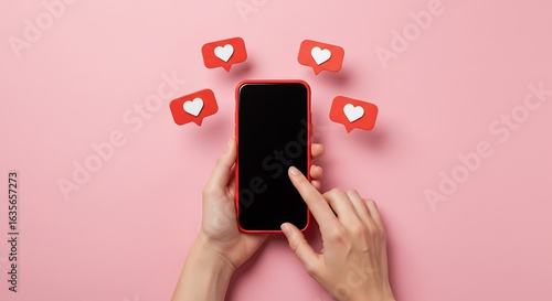 Hands holding a red smartphone with social media heart icons floating around it.