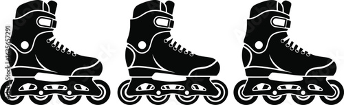 Inline roller skate, black and white illustration, four wheel design, high-top boot, lace detail, strap support, recreational gear, sport equipment