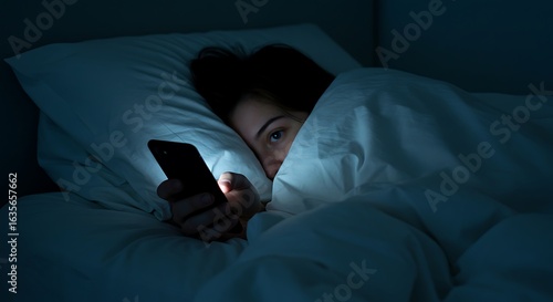 A person in bed, illuminated by the glow of a mobile phone screen, late at night.