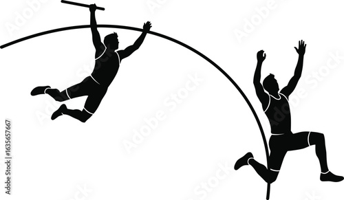 Pole vault silhouette, athlete mid-air, landing motion, sports action, dynamic movement, track and field, vector illustration, athletic skill, bar clearance