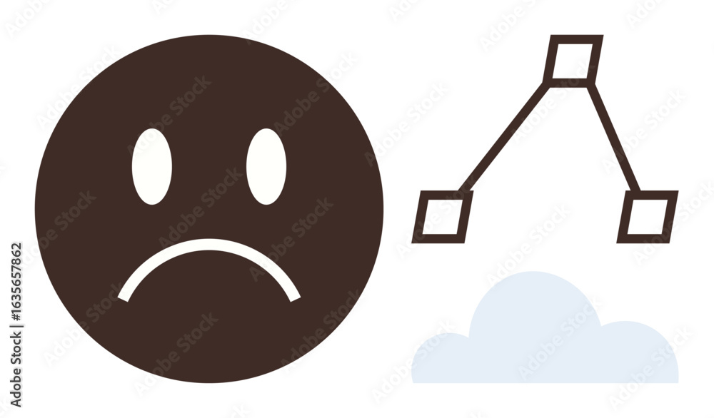 Fototapeta premium Brown sad face, geometrical triangle structure, and light blue cloud evoke emotions, communication, challenge. Ideal for sadness, connectivity, failure, reflection abstract design emotion simple